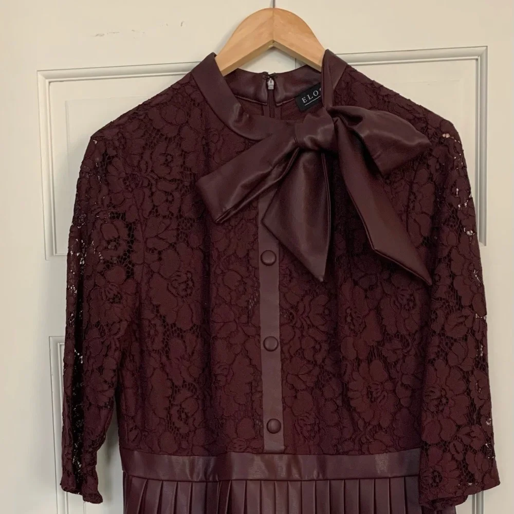 Women’s Burgundy Lace Bodice Pleated Skirt Dress with Bow - Picture 6 of 6